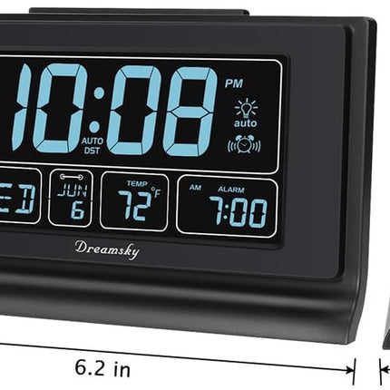 Alarm Clocks for Bedrooms with Battery Backup, Auto Set | Digital Clock with Date & Day of Week, 5 Inch Large Display, Weekday, Temperature, USB Port, Auto DST, Brightness Dimmer