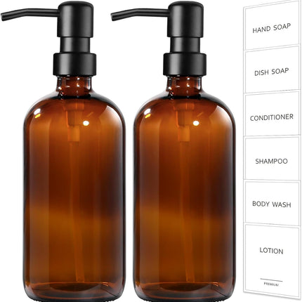Amber Glass Soap Dispenser, 2 Pack Bathroom Hand Soap Dispensers with Stainless Steel Pump, 17 Fl Oz Kitchen Hand and Dish Soap Dispenser Set, Modern Vintage Liquid Brown Soap Dispensers Bottle