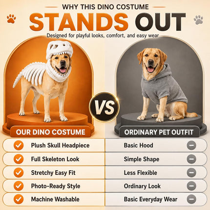 Dog Dinosaur Skeleton Costume, Pet Halloween Party Costumes (Grey | 34In)