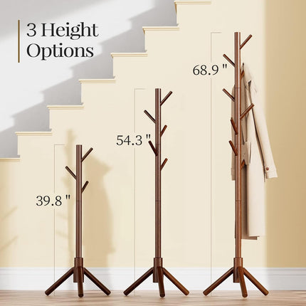 Solid Wooden Coat Rack Freestanding, Hall Tree with 8 Hooks, 3 Height Options for Coats, Hats, Handbags, and Scarves, Tool-Free Assembly, Space Saving Design for Entryway, Office, Bedroom