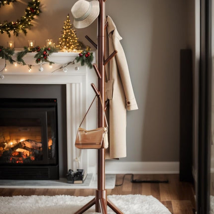 Solid Wooden Coat Rack Freestanding, Hall Tree with 8 Hooks, 3 Height Options for Coats, Hats, Handbags, and Scarves, Tool-Free Assembly, Space Saving Design for Entryway, Office, Bedroom