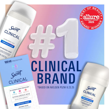 Clinical Strength Invisible Solid Antiperspirant Deodorant for Women, 100HR Sweat & Odor Protection, 3X Stress Protection with Hyaluronic Acid, PH Balanced, Completely Clean Scent, 2.6 Oz