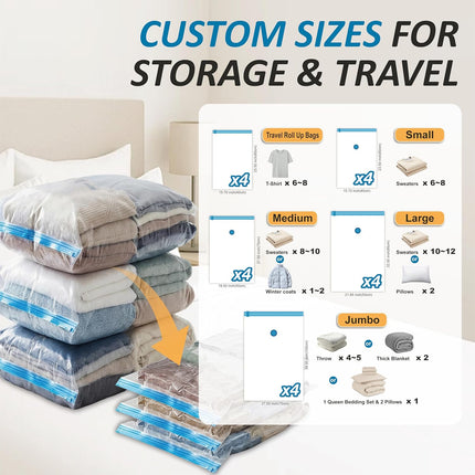 Vacuum Storage Bags, 80% Compression Vacuum Seal Space Saver Plastic Packaging Bags for Clothes, Blankets, Pillow, Bedding, Comforters, Sealer Clothing Storage,20 Combo