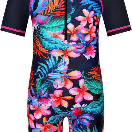 Short Sleeve Girls Swimsuits UV 50+ One Pieces Zipper 2-14Y | from Beach Vacations and Pool Parties to Cruises and Water Parks, This Colorful Floral Swimsuit Is Her Summer Favorite