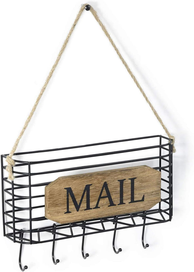 Mail Organizer Wall Mount, Rustic Mail Holder Key Holder for Wall with Hooks, Small Size, Carbonized Black