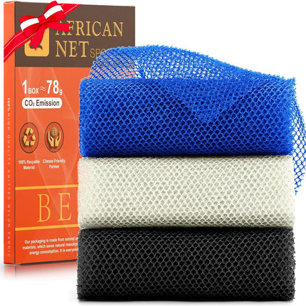 3 Pieces African Bath Sponge African Net Long Net Bath Sponge Exfoliating Shower Body Scrubber Back Scrubber Skin Smoother,Great for Daily Use(Blue,Black,Off-White)