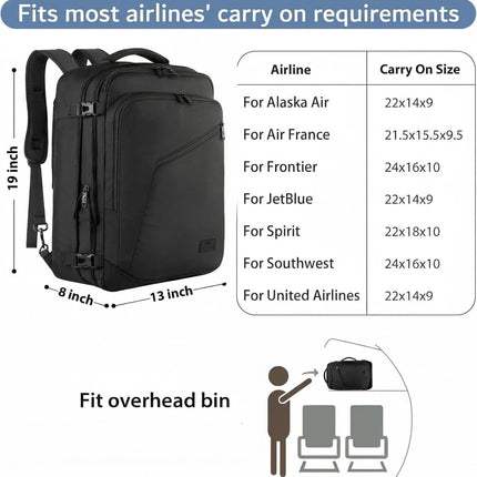 Carry on Backpack, Extra Large Travel Backpack Expandable Airplane Approved Weekender Bag for Men and Women, Water Resistant Lightweight Daypack for Flight 40L, Black