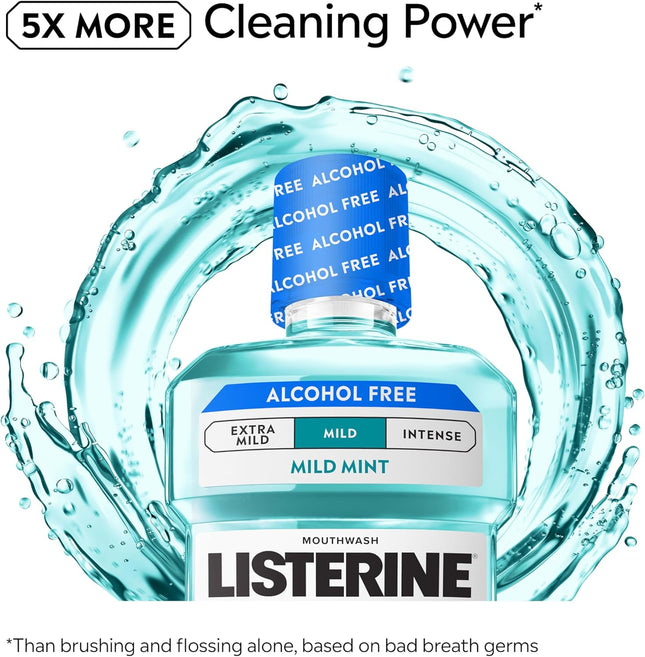Listerine Cool Mint Alcohol-Free Mild Mouthwash, Oral Rinse Kills 99.9% of Germs That Cause Bad Breath, Less Intense Taste, Mild Mint Flavor, 1 L