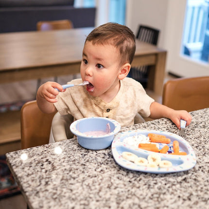 Bluey 4-Piece Place Setting - BPA Free Dishwasher Safe Toddler Dinnerware Set with Divided Plate, Bowl, Fork, Spoon - Multicolor
