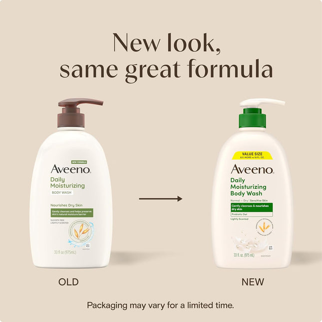 Aveeno Daily Moisturizing Body Wash for Normal to Dry Skin, Sensitive Formula with Prebiotic Oat, Gently Cleanses Dry Skin, Lightly Scented Body Wash for Women and Men, Value Size 33 Fl. Oz
