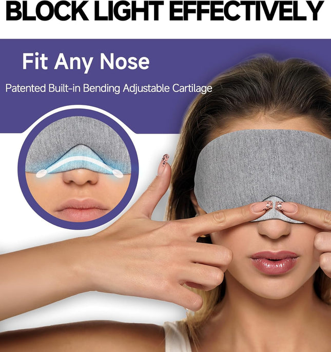 Cotton Sleep Eye Mask, Light Blocking with Adjustable Nose Bridge | Updated Design, Soft and Comfortable Night Eye Mask for Men Women, Eye Blinder for Shift Work, Includes Travel Pouch, Grey