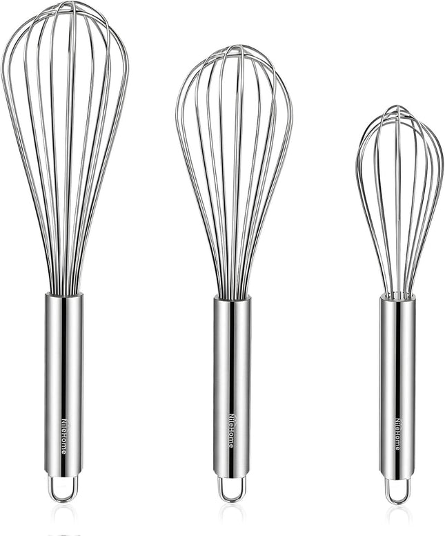 Stainless Steel Whisk Set 8" 10" 12" Kitchen Whisk Balloon Whisk Kitchen Wisk Wire Whisks for Cooking, Whisking, Blending, Beating, Stirring-3 Pack…