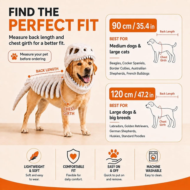 Dog Dinosaur Skeleton Costume, Pet Halloween Party Costumes (Grey | 34In)