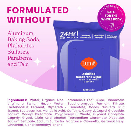 Acidified Deodorant Wipes - 24 Hour Odor Control - Whole Body Deodorant Wipes - Aluminum Free, Baking Soda Free, Skin Loving - Flushable - 15 Count - 3 Pack (Soft Powder)