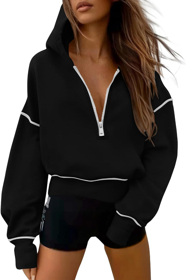 Women'S 2026 Fall Hooded Sweatshirts Long Sleeve Half Zip Cropped Hoodies Pullover Winter Fashion Clothes