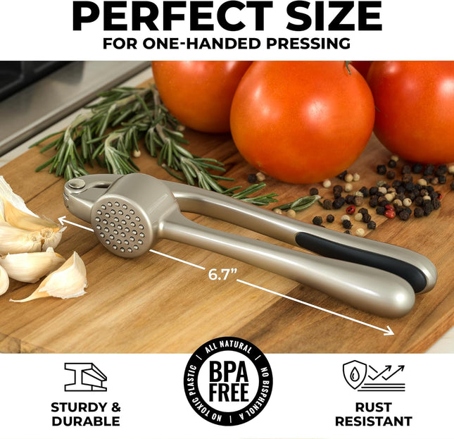 Premium Garlic Press Set - Rust Proof Professional Garlic Mincer Tool - Easy-Squeeze, Easy-Clean with Soft, Ergonomic Handle - Silicone Garlic Peeler & Brush (Silver)