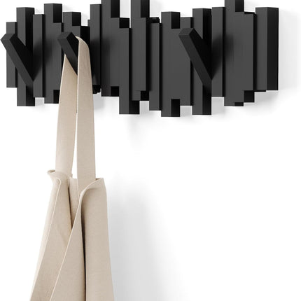 Sticks Wall Mount Coat Rack, 5 Hook Retractable Pegs, Black | Mounting Hardware Included, Sculptural Modern Design, Entryway or Bedroom Use, Recycled Plastic