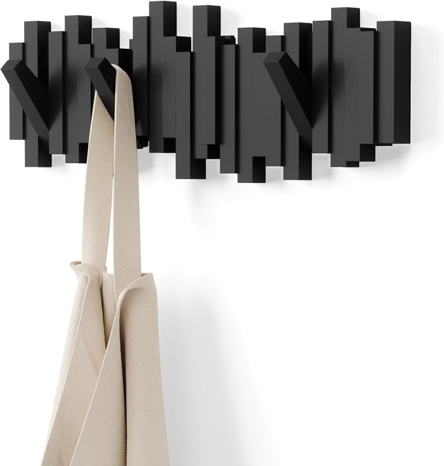 Sticks Wall Mount Coat Rack, 5 Hook Retractable Pegs, Black | Mounting Hardware Included, Sculptural Modern Design, Entryway or Bedroom Use, Recycled Plastic