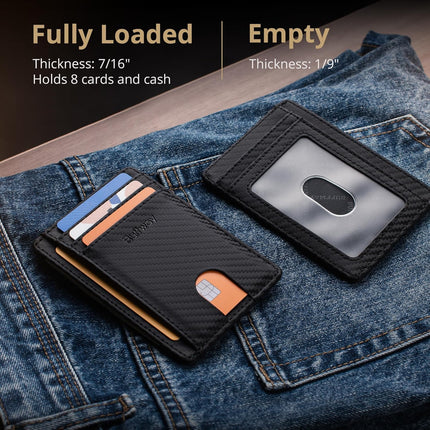 Slim Minimalist Front Pocket RFID Blocking Leather Wallets for Men and Women - Carbon Fiber Black