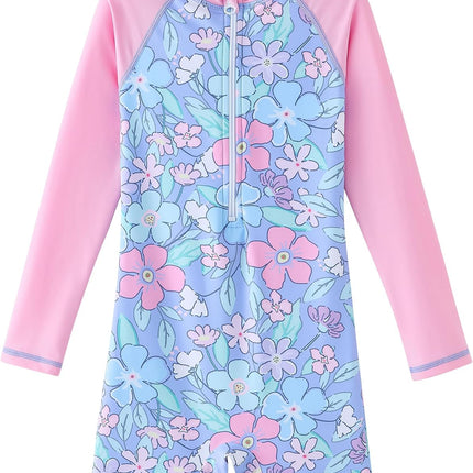 Girls Long Sleeve Rash Guard One Piece Swimsuits with UV Protection Sunsuit
