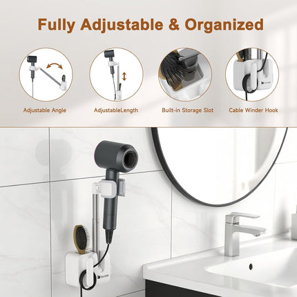 Hands Free Hair Dryer Holder Wall Mount, Anti-Shake Blow Dryer Stand with Storage Slot, Drill-Free Adhesive or Screw Installation, Height & Front-Back Adjustable Arm, Bathroom Organizer(White)