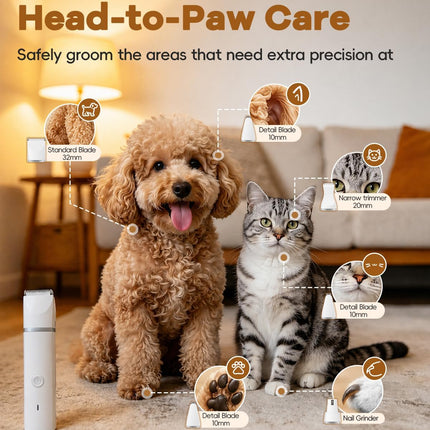 Dog Clippers Grooming Kit Hair Clipper-Low Noise Paw Trimmer- Rechargeable - Cordless Quiet Nail Grinder Shaver for Cats and Other Pets