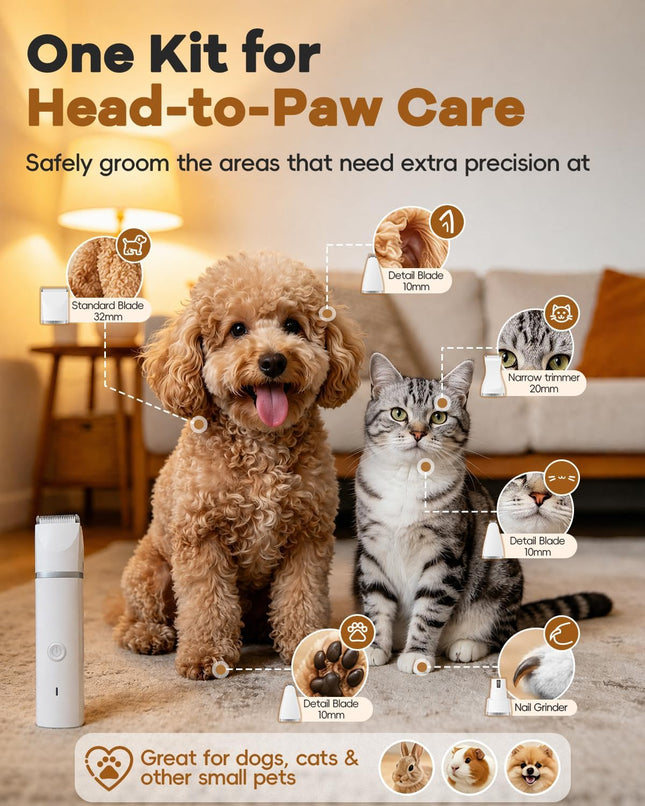 Dog Clippers Grooming Kit Hair Clipper-Low Noise Paw Trimmer- Rechargeable - Cordless Quiet Nail Grinder Shaver for Cats and Other Pets
