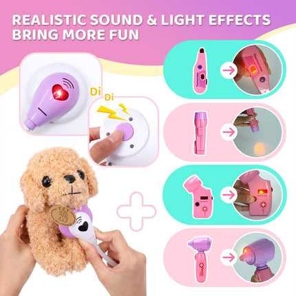 Toy Doctor Kit for Girls, Pretend Play Toy Doctor Set with Dog , Carrying Bag, Stethoscope & Dress up Costume Gift for Kids Toddlers Ages 3 4 5 6 Year Old for Role Play
