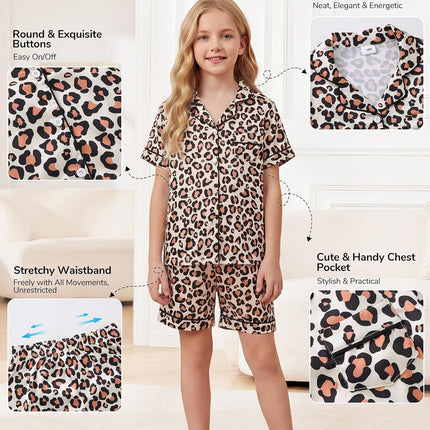 Girls Pajamas 2 Piece Summer Soft Silk Satin Short Sleeve Pajama Set Cute Pjs Sleepwear for Kids Size 6-16 Years
