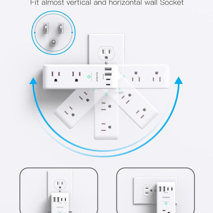 Surge Protector Outlet Extender - with Rotating Plug, 6 AC Multi Plug Outlet with 4 USB Ports (2 USB C), 1800J Wall Charger, 3-Sided Power Strip with Spaced Outlet Splitter for Home, Office, Travel