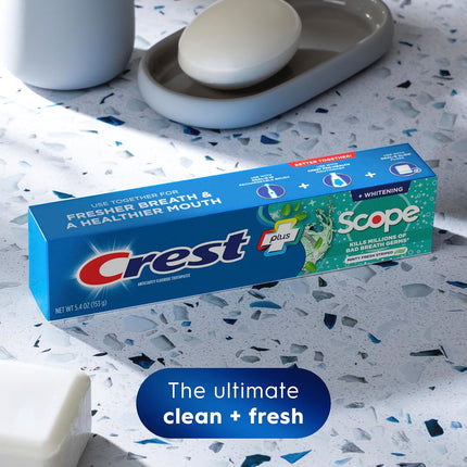 + Scope Whitening Toothpaste - Pack of 3, 5.4 Oz Tubes - Anticavity Fluoride Toothpaste, Fresh Breath, Kills Germs - Tartar Protection, Enamel Protection - Minty Fresh Flavor
