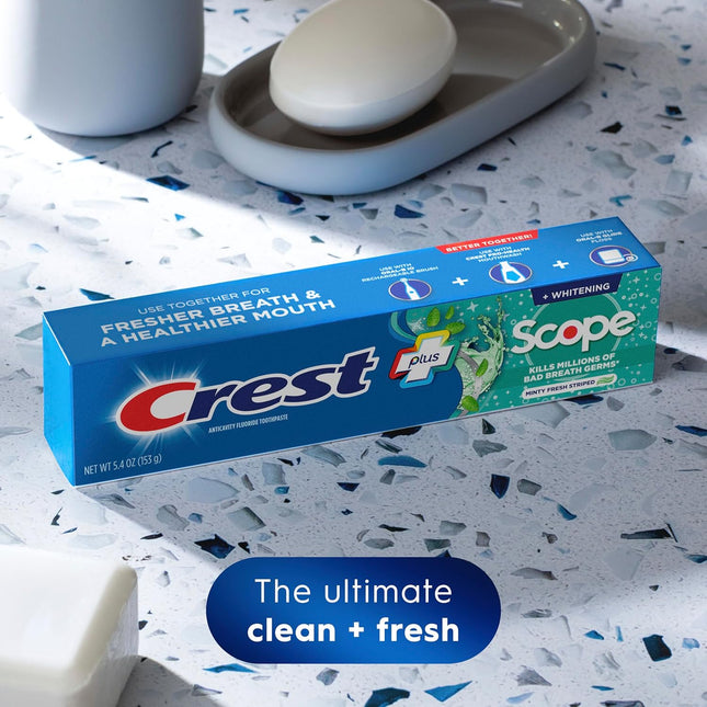 + Scope Whitening Toothpaste - Pack of 3, 5.4 Oz Tubes - Anticavity Fluoride Toothpaste, Fresh Breath, Kills Germs - Tartar Protection, Enamel Protection - Minty Fresh Flavor