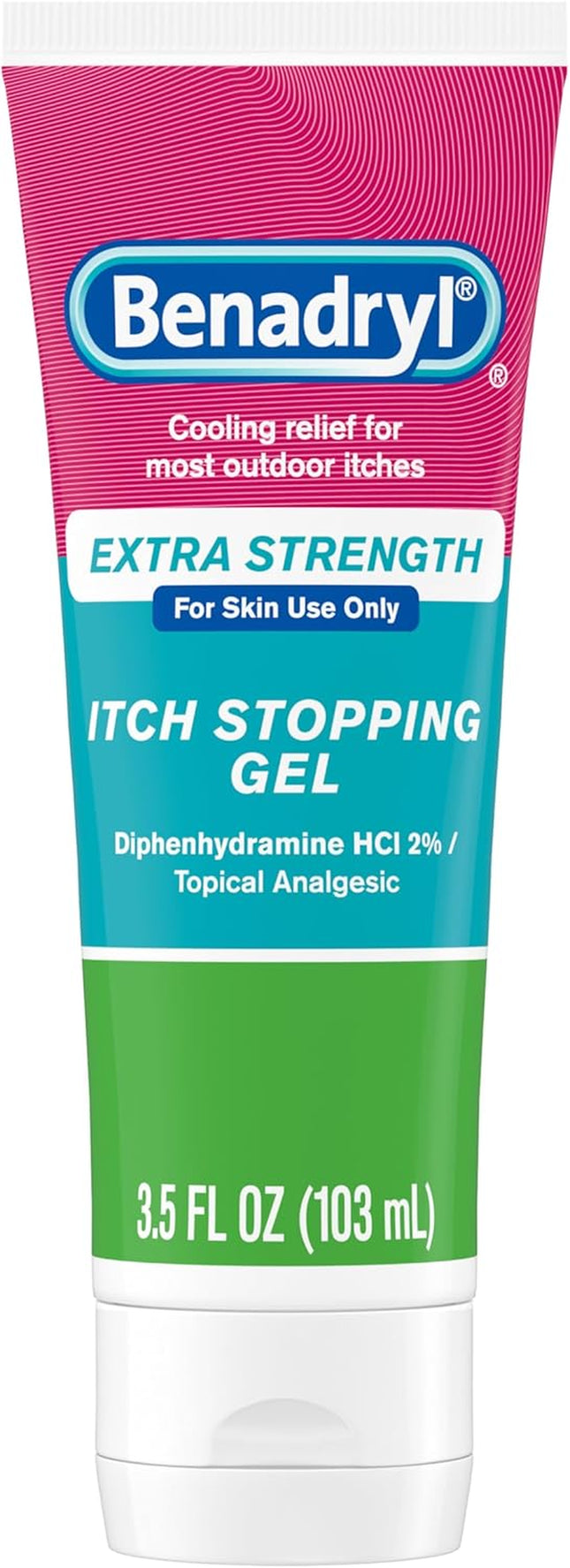 Benadryl Topical Itch Relief Gel, Extra Strength, Contains 2% Diphenhydramine Hcl, Soothing Relief from Scrapes, Insect Bites, Sunburn and More, Great for Outdoors, 3.5 Fl Oz