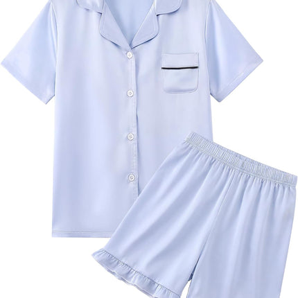 Girls Pajamas 2 Piece Summer Soft Silk Satin Short Sleeve Pajama Set Cute Pjs Sleepwear for Kids Size 6-16 Years