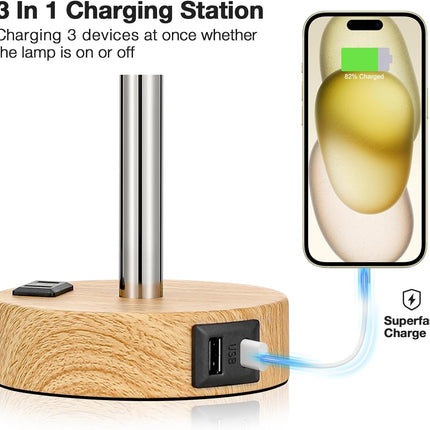 Bedside Table Lamp for Bedroom - 3 Way Dimmable Touch Lamp USB C Charging Ports and AC Outlet, Small Lamp Wood Base round Flaxen Fabric Shade for Living Room, Desk, LED Bulb Included