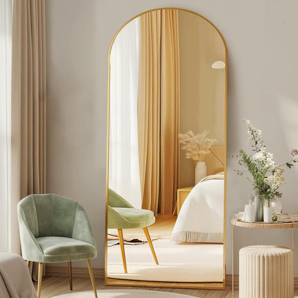 64"X21" Arched Full Length Floor Mirror, Full Body Mirror with Stand, Shatterproof Tempered Glass, Modern Aluminum Alloy Frame, Free Standing or Leaning for Home Decor, Gold