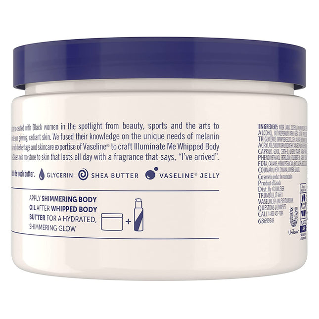 Vaseline Illuminate Me Shea Butter Whipped Body Butter for Melanin Rich Skin Provides 24 Hour Moisturization for Dry Skin 11 Oz