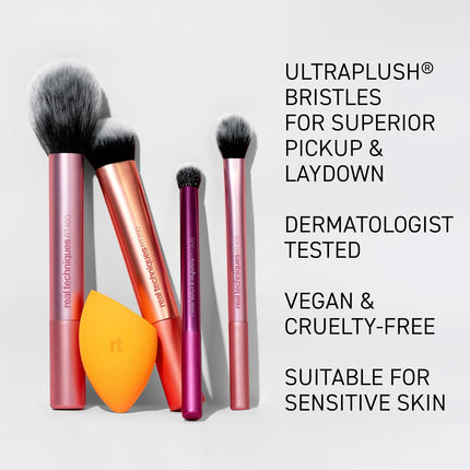 6 Piece Everyday Essentials Makeup Brush Set, Includes 4 Brushes & 2 Makeup Sponges for Foundation, Blush, Bronzer, Contour, Eyeshadow & Powder, Travel Gift Set, Cruelty-Free & Vegan