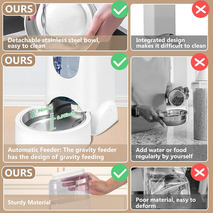 Automatic Cat Feeder and Water Dispenser with Stainless Steel Bowl Dog Gravity Food Feeder and Waterer for Small Medium Pets Puppy Kitten 1 Gallon X 2