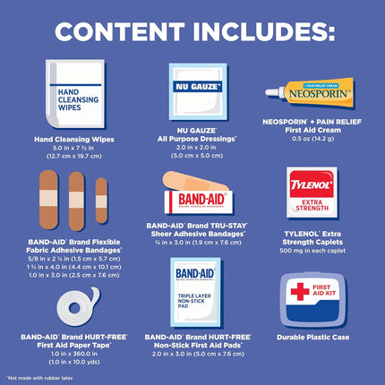 BAND-AID Brand Travel Ready Portable Emergency First Aid Kit, Minor Wound Care, Perfect for Home, Car, Camping, Travel & Outdoor Essentials, Supplies Include Bandages, Neosporin & Tylenol, 80 Piece
