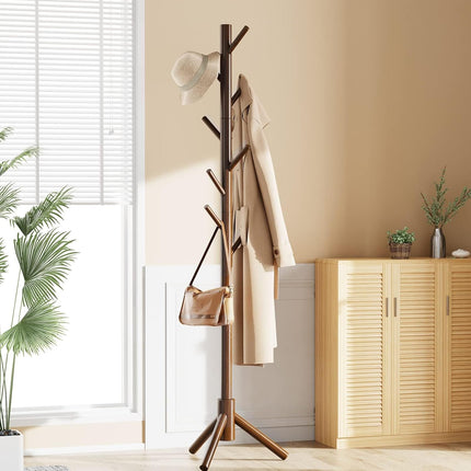 Solid Wooden Coat Rack Freestanding, Hall Tree with 8 Hooks, 3 Height Options for Coats, Hats, Handbags, and Scarves, Tool-Free Assembly, Space Saving Design for Entryway, Office, Bedroom