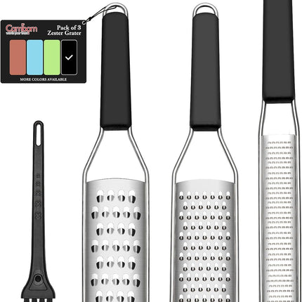Lemon Zester Grater Three-Piece Suit - Heavy Duty Kitchen Tool for Parmesan Cheese, Ginger, Garlic, Nutmeg, Chocolate, Vegetables，Fruits，Stainless Steel Grater Dishwasher Safe Black