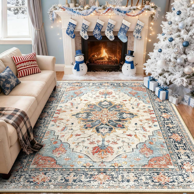 Area Rugs 5'X7' Washable Non-Slip, Floral Vintage Distress Medallion Carpet for Living Room Bedroom Dining Room, Beige Navy Blue Orange Colorful