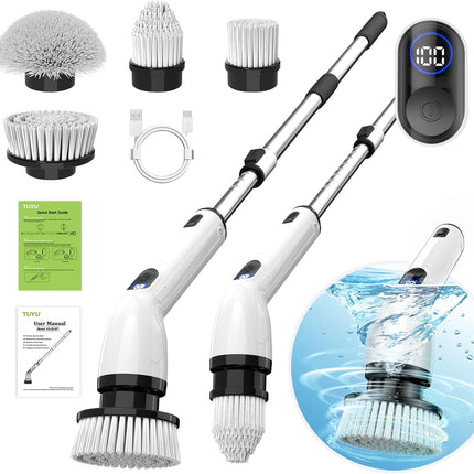 Electric Spin Scrubber, Full-Body IPX7 Waterproof Bathroom Scrubber with Power LCD Display, Adjustable Extension Handle, Cordless Shower Cleaner Brush for Bathtub Kitchen Wall Cleaning