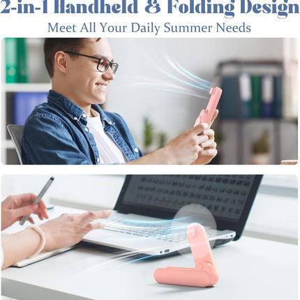 Portable Handheld Fan, 2 in 1 Mini Hand Fan, Battery Operated [8-15 Working Hours], USB Rechargeable Personal Foldable Fan for Indoor, Small Pocket Fans Travel Essentials for Outdoor (Pink)
