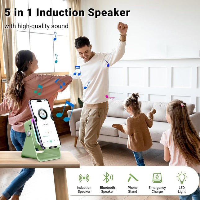 Induction Speaker with Phone Stand 5 in 1 Wireless Bluetooth Audio Green