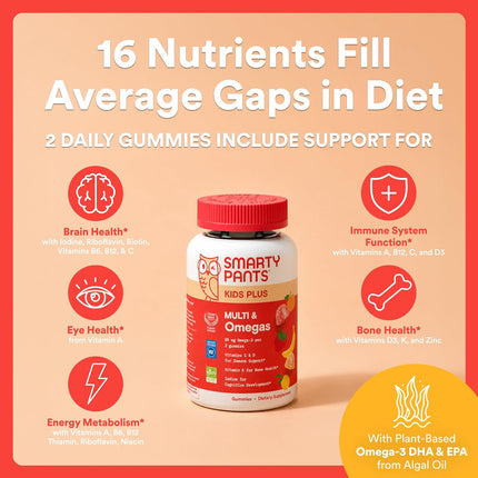 Kids Multivitamin Gummies with Omega 3 DHA/EPA, Vitamins D3, C, B12, B6, A, K, and Zinc, Gluten Free, Clean Label, Three Fruit Flavors, 60 Gummies (30 Day Supply)