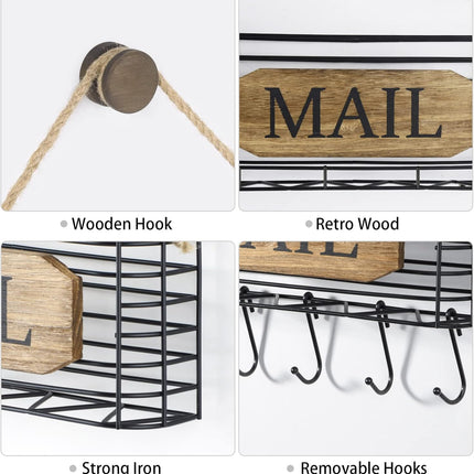 Mail Organizer Wall Mount, Rustic Mail Holder Key Holder for Wall with Hooks, Small Size, Carbonized Black