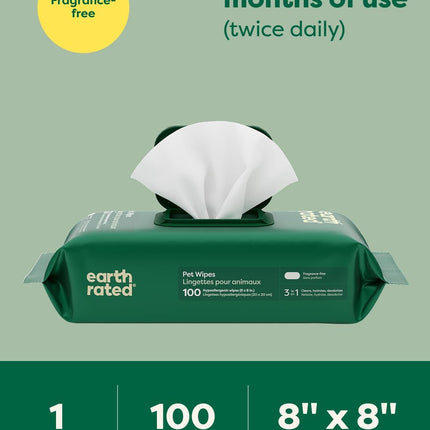 Pet Wipes for Dogs and Cats, Hypoallergenic, 3-In-1 Cleaning, Deodorizing and Hydrating, for Grooming Paws, Body and Butt, Unscented, 100 Count