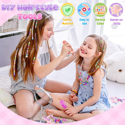 Hair Beads for Kids Girls, Gifts for 5 6 7 8 9 10 Year Old Girl, DIY Hair Accessories Kits with Reusable Beads, Hair Gem Stamper Kit for Kids Age 6-12 Creative Birthday Gifts Girls Toys Age 6-8